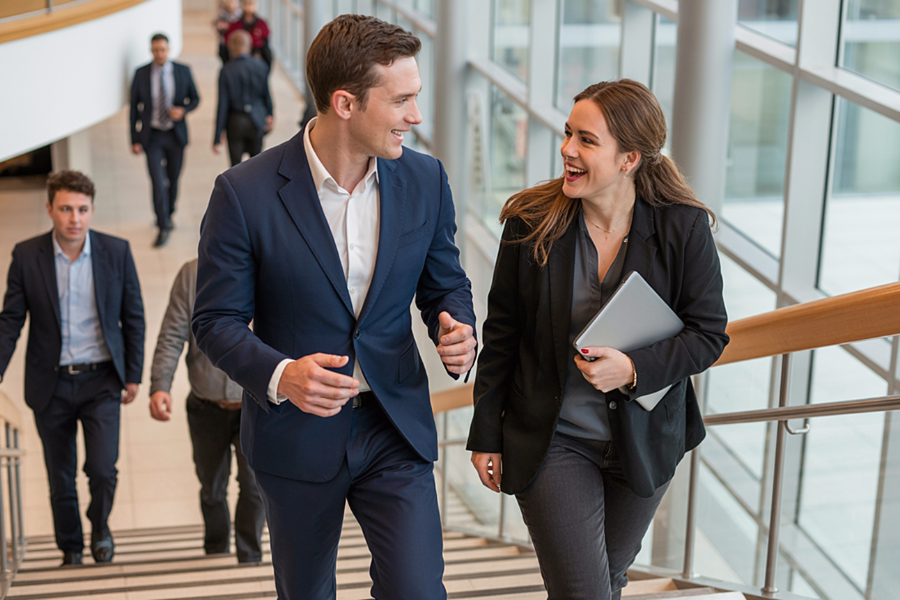 Two co-workers talking while walking up stairs in an office building
